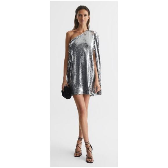 REISS Eva Cape Sequin Mini Silver One Shoulder Dress US 8 - Picture 1 of 11